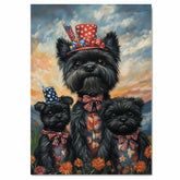 Black Affenpinscher Mother and Two Puppies in Patriotic Outfits with Firework Hats and Sunset Sky Background on Ready to Hang 1.5" Thick Canvas Wrap, Floating Framed Canvas, Flat Rolled Canvas